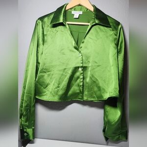 Rachel Zoe Vibrant Green Satin Crop Button-Down Shirt